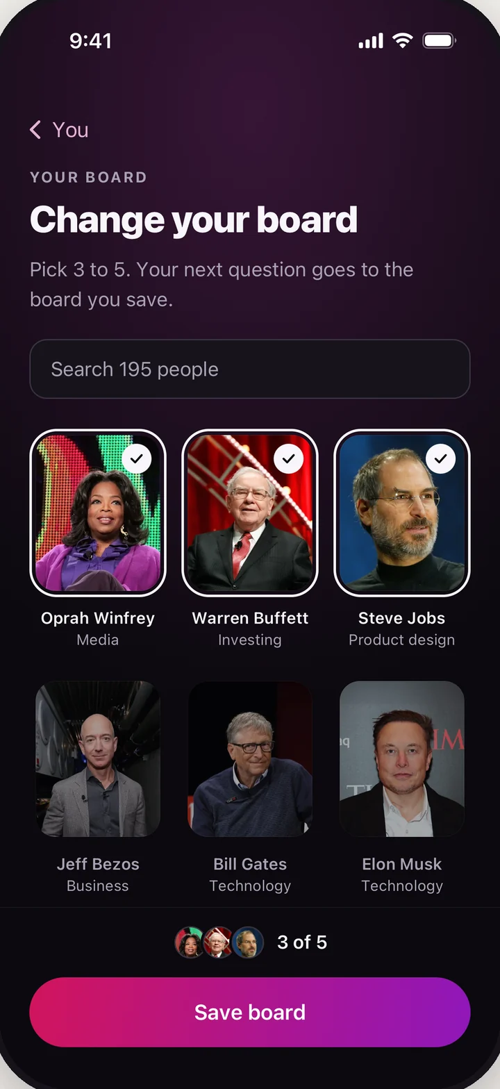 Change your board screen: pick 3 to 5 people from 195, with Oprah Winfrey, Warren Buffett and Steve Jobs selected.
